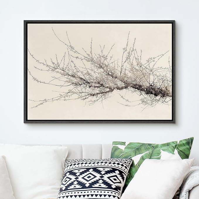 SIGNFORD Framed Canvas Print Wall Art Minimalist Branch with Blossoms in Sepia Tones Illustrations Modern Art Decorative Bohemian Relax/Calm for Living Room, Bedroom, Office - 24"x36" Black