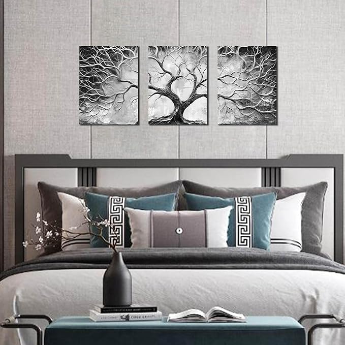Tree Wall Art for Living Room - Modern Black and White Pictures Wall Art for Bedroom - 3 Piece Wall Decor for Office Size 12" x 16"