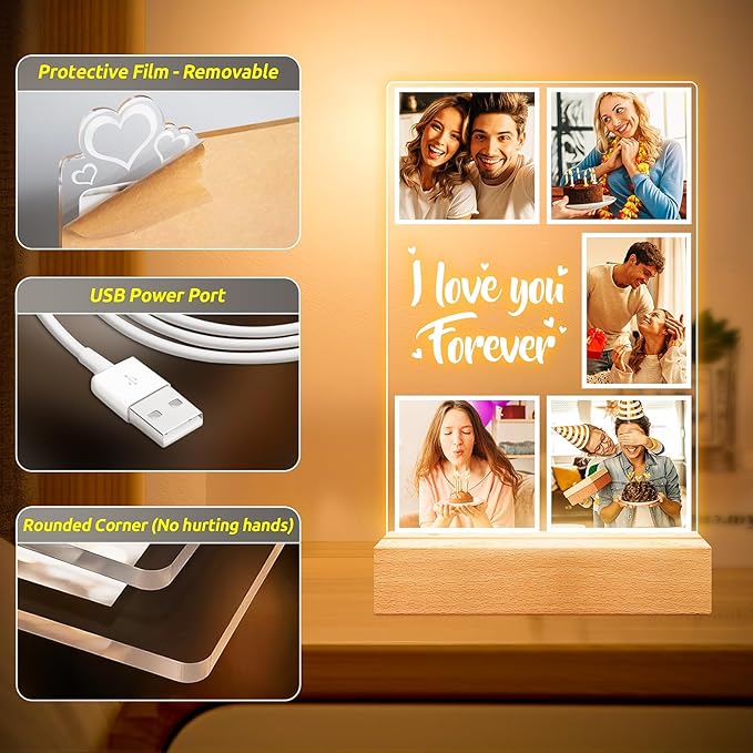 Custom Picture Frames, Customized Photo Frame with Night Light, Personalized Picture Frame, Personalized Anniversary Couples Gifts for Women Men Her Him Girlfriend Boyfriend Wife