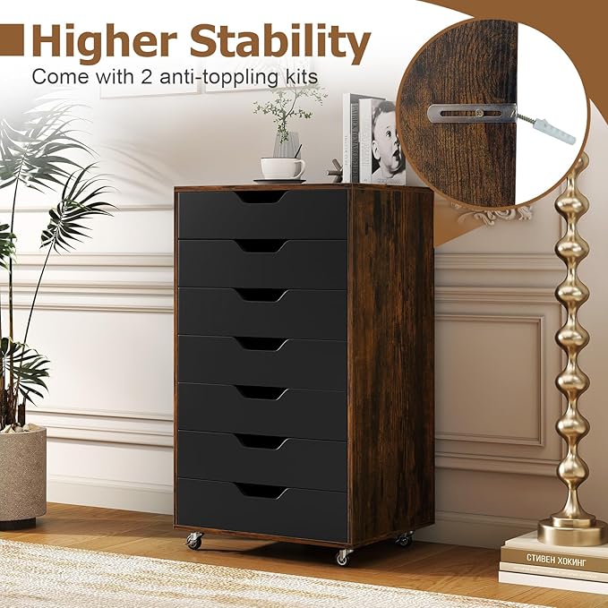 7 Drawer File Cabinet, 34.5" Vertical Storage Drawer Cart, Under Desk Office Organizer, Wooden Printer Stand, Rolling Filing Cabinet for Home Office (Rustic Brown)