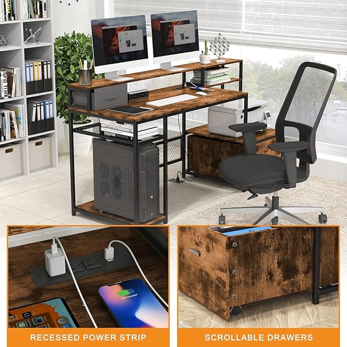 Home Office Desks with Drawers, 66'' Computer Desk with Storage, Office Desk with Monitor Stand, Work Desk with Outlets and USB, Gaming Table Desk with File Cabinet for Home Office Table, Brown