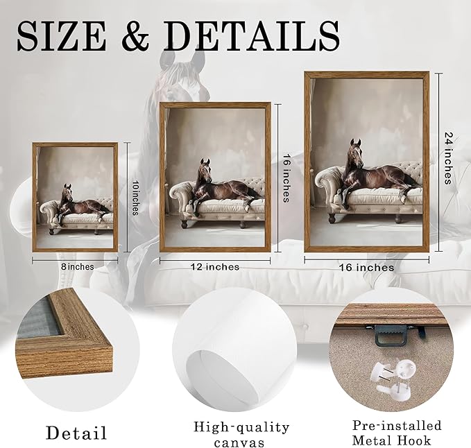 AVECCO Framed Funny Elegant Vintage Canvas Horse Wall Art, Western Brown Horse on Sofa Pictures Wall Decor, Unique Animal Art Prints for Bathroom Bedroom Living Room Office Home Decoration 8x10 Inch