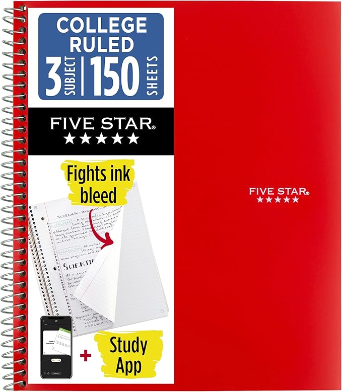 Five Star Spiral Notebook + Study App, 3 Subject, College Ruled Paper, 8-1/2" x 11", 150 Sheets, Fights Ink Bleed, Water Resistant Cover, Fire Red (72065)