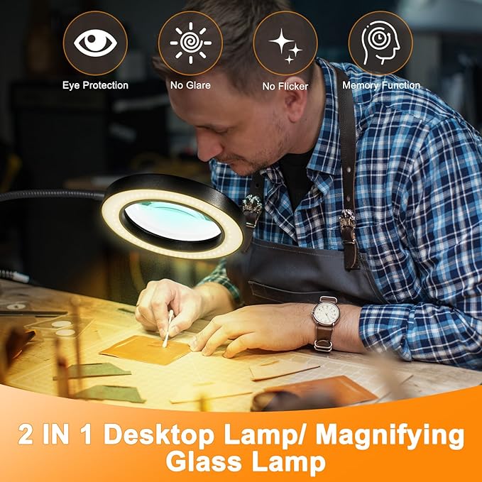 20X/10X Dual-lens Magnifying Glass with Light and Timer, Combination Lens Magnifier with Light, 3 Color Modes, 2 in 1 Magnifying Desk Lamp for Craft Hobby Painting Sewing Close Work(No Adapter)