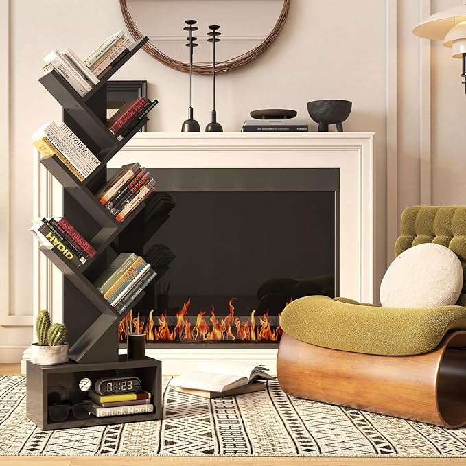 YMYNY 6 Tier Tree Bookshelf, Tall Bookcase, Wood Book Storage Rack with Drawer, Modern Floor Standing Book Shelf for Books/Movies/CDs, Utility Organizer for Living Room, Home Office, Black UHBC016B