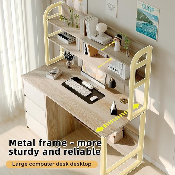 Computer Desk with Hutch, 47 Inch Small Desk with 3 Drawers for Bedroom, Study Writing Desk with Shelves for Small Spaces, Adjustable Feet, Walnut