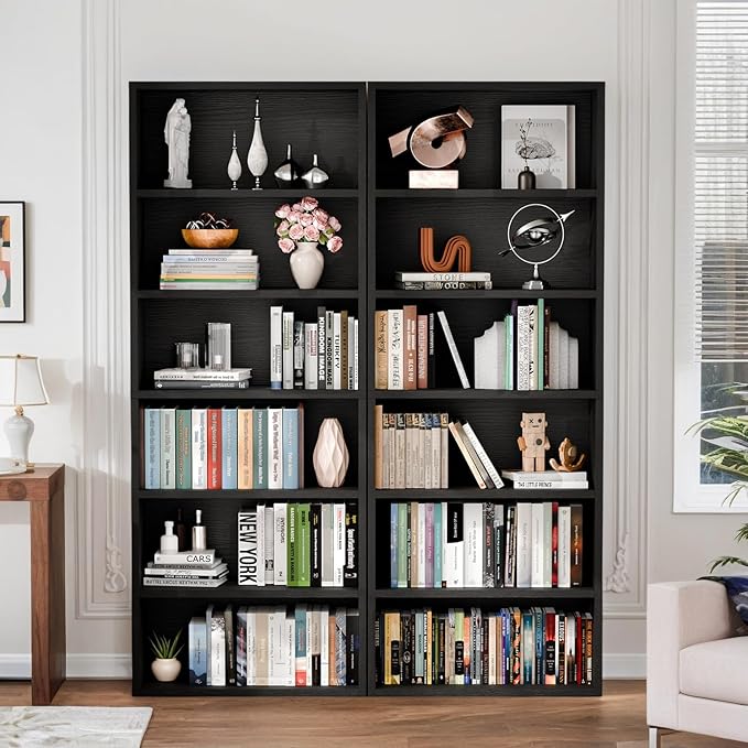6-Tier Open Bookcase, Freestanding Wood Bookshelf with Display Storage Shelves, Modern Bookcase for Living Room, Bedroom, or Home Office, Black