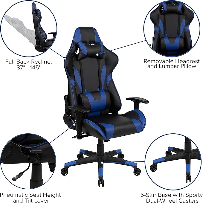 Flash Furniture X20 Gaming Chair Racing Office Ergonomic Computer PC Adjustable Swivel Chair with Fully Reclining Back in Blue LeatherSoft