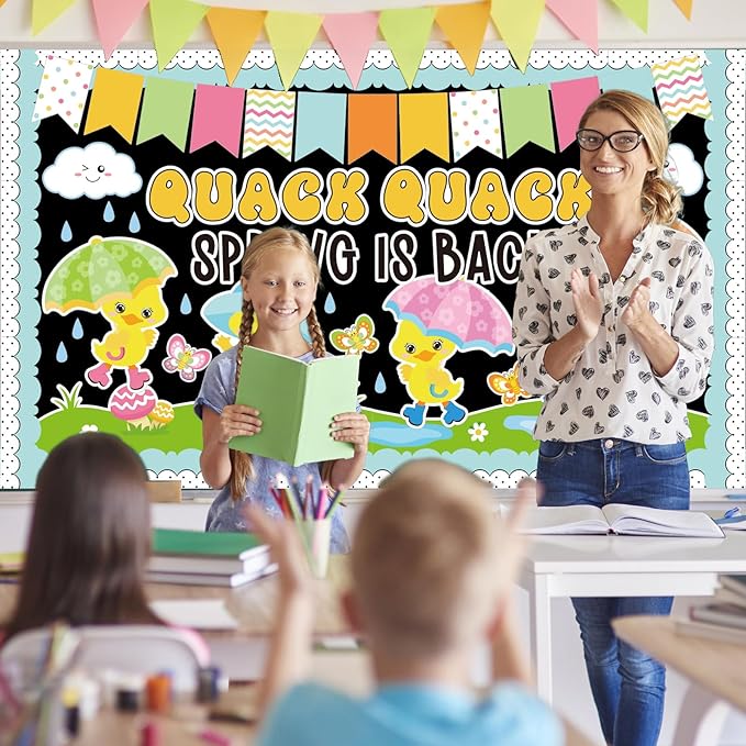 AnyDesign 90 Pcs Spring Duck Bulletin Board Decoration Rubber Duck Quack Spring is Back Paper Cutouts with 150 Pcs Glue Points for Holiday Party Classroom Wall Decor