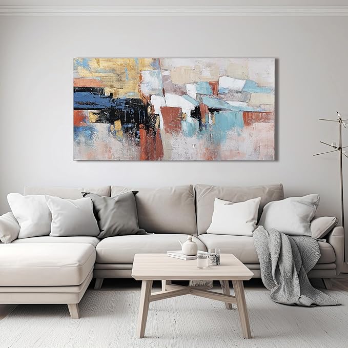 KUPTEU Canvas Wall Art Decor Large Wall Art For Living Room Abstract Art Blue Canvas Art Work Gold Wall Art Decor Colorful Abstract Wall Art Prints For Bedroom Office Kitchen Wall Decor 24" x 48"