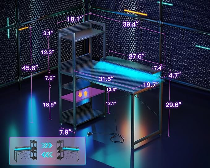 ODK Reversible Gaming Desk LED Lights, 40 Inch Computer Desk with Storage Shelves & Monitor Stand, Study Table for Home Office, Small Space Bedroom, Carbon Fiber Black