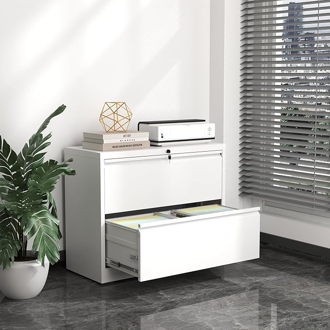2 Drawer File Cabinet,Metal Lateral Filing Cabinet with Lock,Home Office Storage Organizer Cabinet for Legal/Letter/A4/F4 Size Files,35.5" W,White