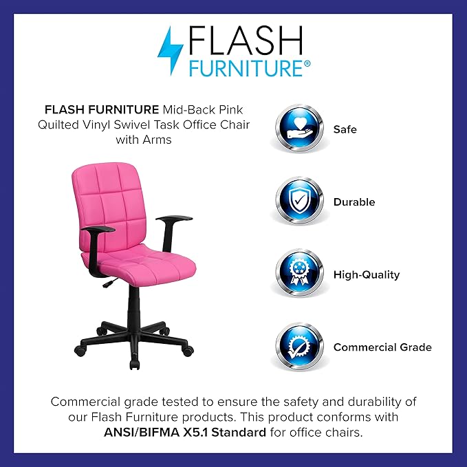Flash Furniture Clayton Mid-Back Pink Quilted Vinyl Swivel Task Office Chair with Arms