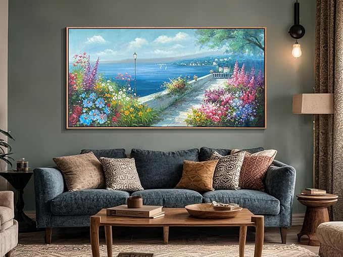 Arjun Blue Coastal Canvas Framed Wall Art for Living Room Ocean Landscape Painting Bedroom, Extra Large Hand Painted Seascape Flower Picture Artwork Home Office Wall Decor 58"x29"