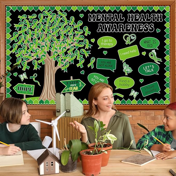 Mental Health Awareness Bulletin Board Set Positive Sayings Therapy Classroom Decorations Green Ribbon Mental Health Paper Cutouts for Motivational Inspirational School Wall Decor Teacher Supplies