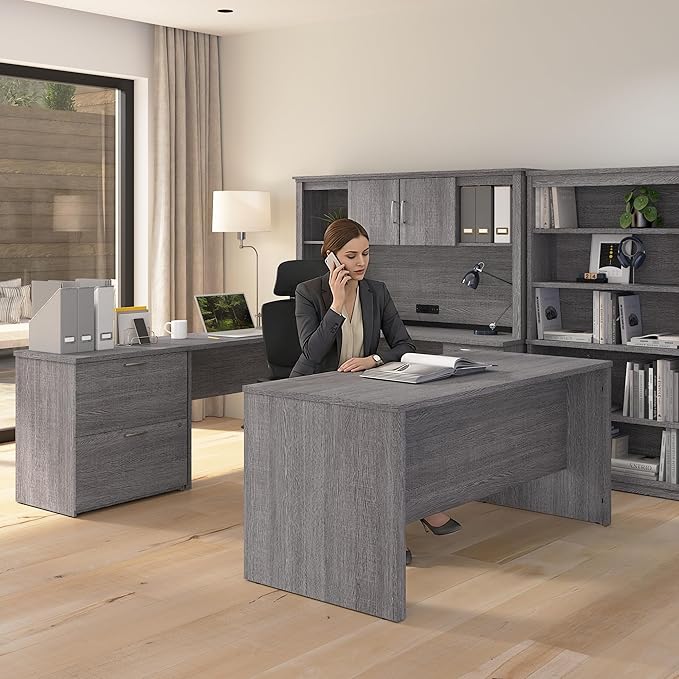 Bestar U or L Shaped Desk with Drawers and Hutch, Executive Workstation for Home or Professional Office, 66 Inches, Logan Collection, Bark Grey