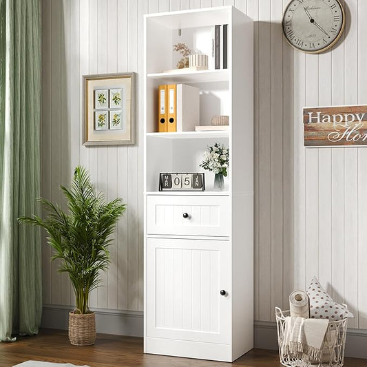 Farmhouse 71" Tall Bookshelf with Drawer, Narrow Bookcase with Adjustable Left/Right Door, Adjustable Shelf, Freestanding Display Book Shelf for Bedroom,Living Room, Office, White