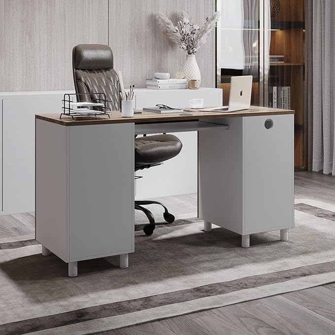 Modern Design Venice Computer Office Desk with 3 Locking Drawers and Storage Cabinet, 53 Inch Home and Office Executive Walnut and White Desk with Keyboard Tray by Crafts and Comfort