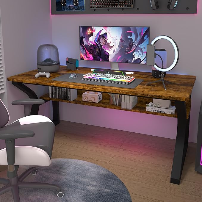 StarGraph Computer Desk 47'' Large Home Office Desk with Sturdy Metal Frame U Shaped Modern Computer Desks with Storage Study Writing Office Work from Home Desks (Rustic Brown, 47 inch)