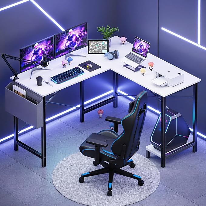 DUMOS L Shaped Desk Computer Gaming Corner Table 50 Inch Home Office Writing Student Work PC Workstation with Side Storage Bag CPU Stand for Bedroom Small Spaces