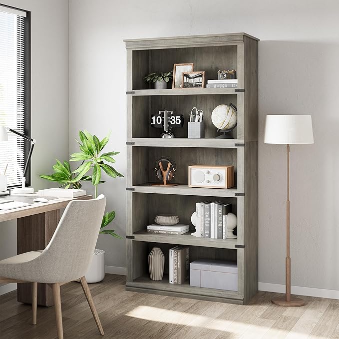 GAOMON 5 Tier Bookcase, Farmhouse Book Shelf with Storage Open Display Bookshelves, 67.4" Tall Book Case Wooden 5 Shelf Bookcase Home Decor Furniture for Home Office, Living Room, Bed Room - Grey