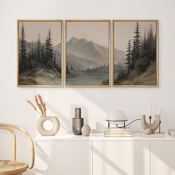 SIGNWIN Framed Canvas Print Wall Art Set Tranquil Pine Forest Mountain Lake Landscape Illustrations Modern Art Decorative Nordic Abstract for Living Room, Bedroom, Office - 24"x36"x3 Natural