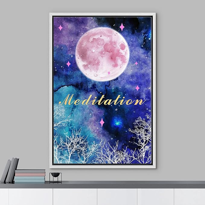 IDEA4WALL Framed Canvas Print Wall Art Meditation Watercolor Galaxy with Pink Moon Astronomy & Space Sky Illustrations Modern Art Glam Colorful for Living Room, Bedroom, Office - 24"x36" WHITE