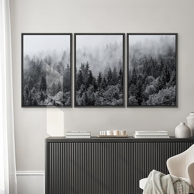 SIGNWIN Framed Canvas Print Wall Art Set Black & White Misty Mountain Forest Nature Wilderness Photography Modern Art Chic Landscape Relax/Calm for Living Room, Bedroom, Office - 24"x36"x3 Black