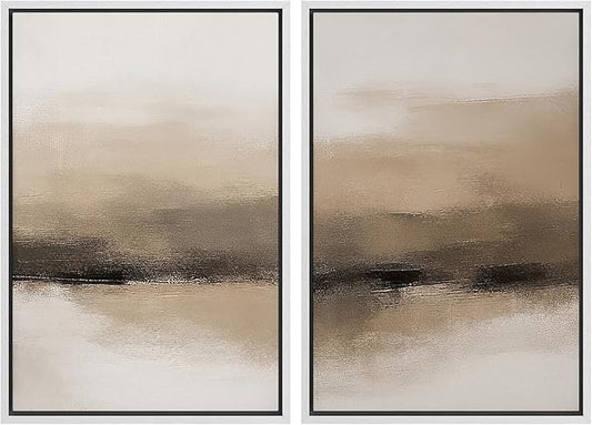 SIGNWIN Framed Canvas Print Wall Art Set Beige and Black Neutral Abstract Landscape Minimalist Illustrations Modern Art Decorative Multicolor for Living Room, Bedroom, Office - 16"x24"x2 White