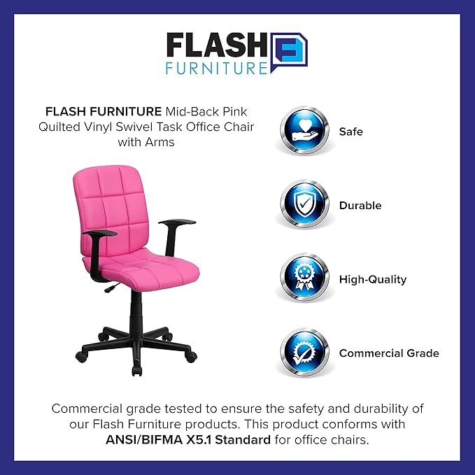 Flash Furniture Clayton Mid-Back Pink Quilted Vinyl Swivel Task Office Chair with Arms