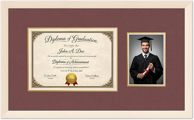 Diploma Frame With Photo Opening Coastal Whitewash Dark Red Over Gold Mat - Fits 11.69 x 8.27 Degree and Picture Made in the USA