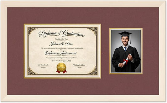 Diploma Frame With Photo Opening Coastal Whitewash Dark Red Over Gold Mat - Fits 11.69 x 8.27 Degree and Picture Made in the USA