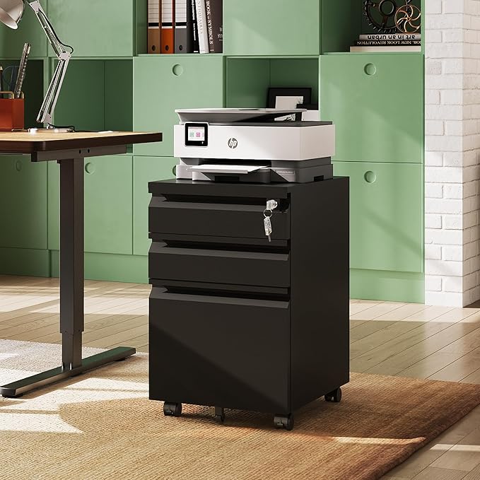 DEVAISE 3 Drawer File Cabinet, Metal Filing Cabinet with Lock, Under Desk Cabinet with Wheels for Home Office, Fits Legal/A4/Letter Size, Un-Assembled, Black