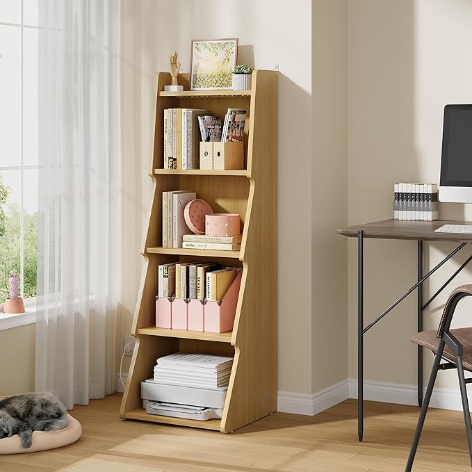 Hoctieon 5-Tier Open Bookcase and Bookshelf with LED Light, Floor Standing Display Storage Shelves, Wood Modern Display Organizer for Home Office, Living Room, Bedroom, Study, Yellow Oak