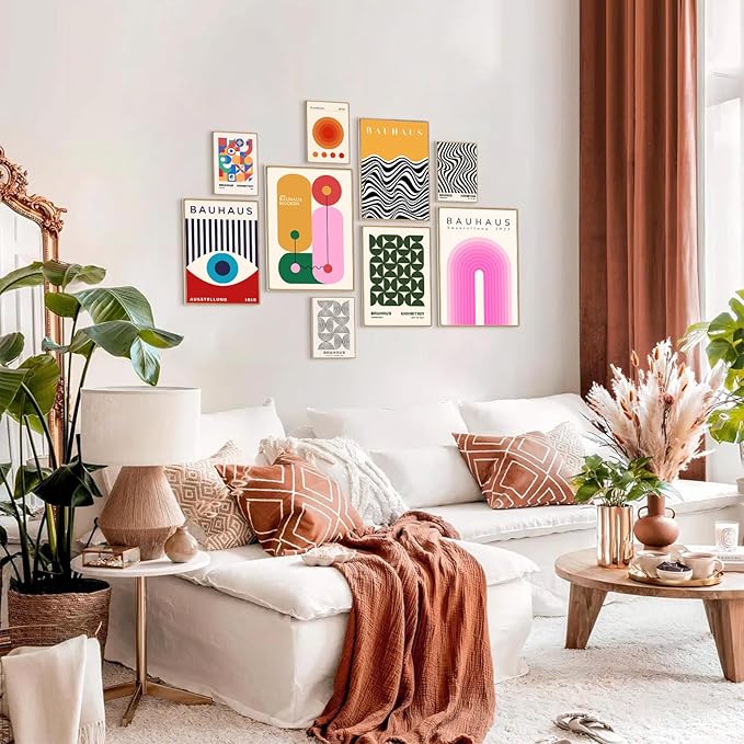 KBKBART 9PCS Eclectic Wall Art Decor, Modern Maximalist Wall Prints for Bedroom, Bauhaus Posters for Room Aesthetic, Retro Abstract Wall Collage Kit for Living Room, Funky Dorm Gallery Home Decor