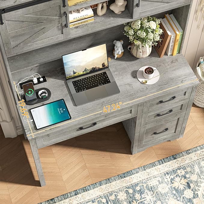 Farmhouse 67" H Executive Desk with Hutch,Computer Desk with Charging Station,Office Table with LED Light and 4 Drawers,File Drawers and Storage Cabinet,Workstation for Home Office.Grey