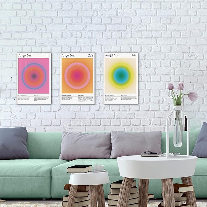 Colorful Gradient Aura Angel Numbers Poster Canvas Print Artwork Room Decor for Bedroom Aesthetic, 3 Piece Framed Inspirational Minimalist Art Paintings Decor for Bedroom Office 12"x18" x 3 Pcs