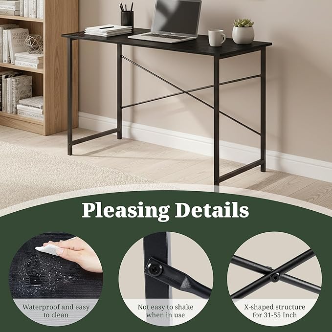 Computer Desk 44 Inch, Home Office Desk Simple Study Writing Table, Sturdy Metal Frame, Scratch-Resistant MDF Desktop for Bedroom Dorm Workspace Small Space, Black