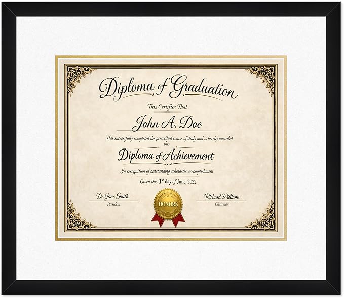 Diploma Frame Matte Black with Oyster Shell Over Gold Double Mat - Fits 15 x 12 Military/Government Wall Display Made in the USA