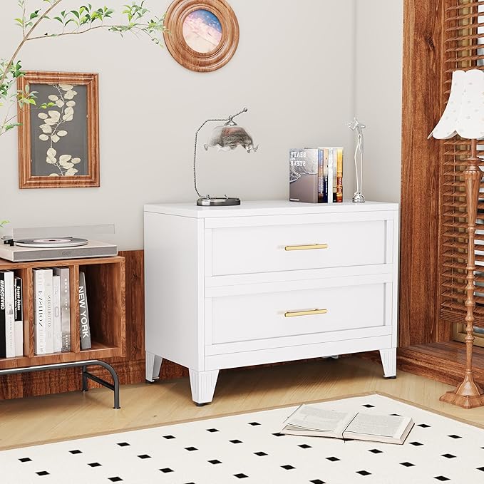 Dresser for Bedroom 2 Drawers, Metal Dresser Chest of Drawers, can be Used as Nightstand, Side Table, Under Desk Steel File Cabinet for Home Office Storage Small Size Files (White)