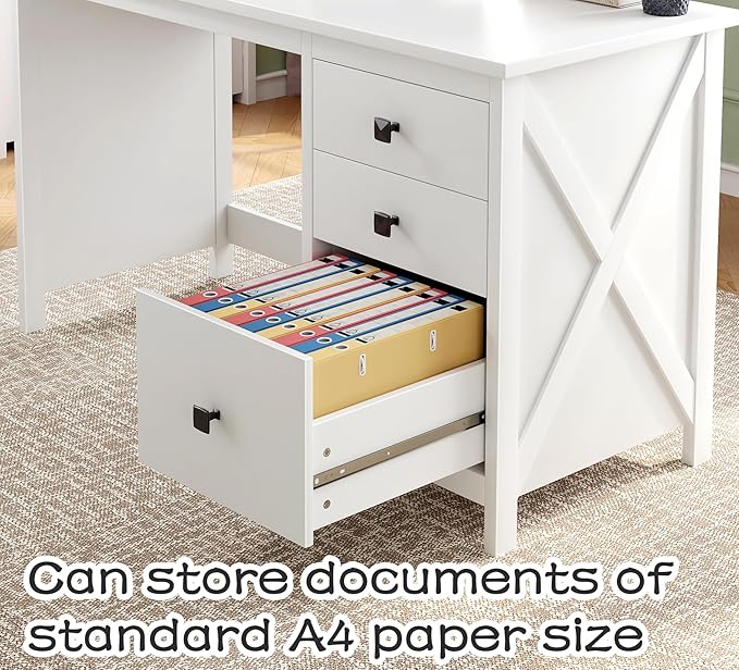 JSB 47.2'' White Computer Desk for Home Office,Farmhouse Executive Desk with 3 File Drawers,Study Writing Table Storage Cabinet,Makeup Vanity Desk for Bedroom (White, 47.2in)