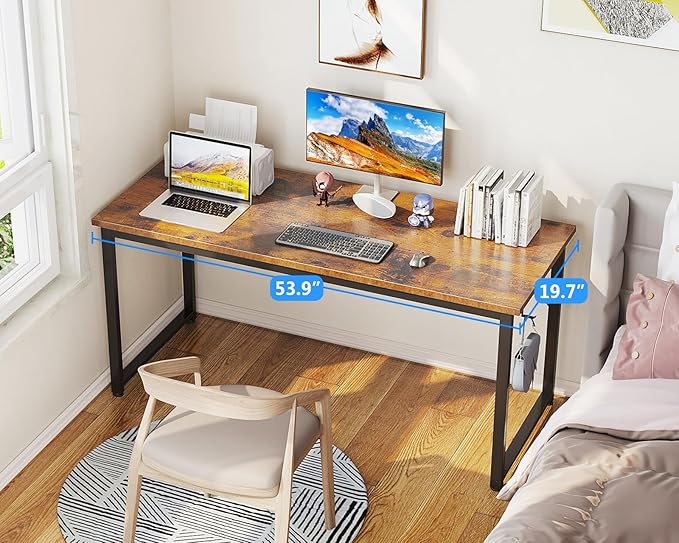 Casaottima 54 Inch Computer Desk for Home Office, Study Writing Table for Small Spaces, Simple Modern Desk with Headphone Hooks, Rustic Brown