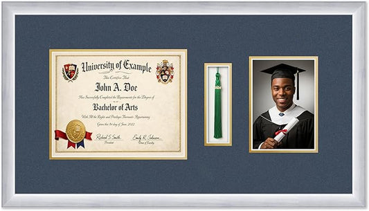 CountryArtHouse Diploma Tassel and Photo Shadowbox Fits 10 x 8 Professional License with Tassel Ho Stainless Silver Genuine Hardwood with Navy Blue Over Metallic Gold Double mat