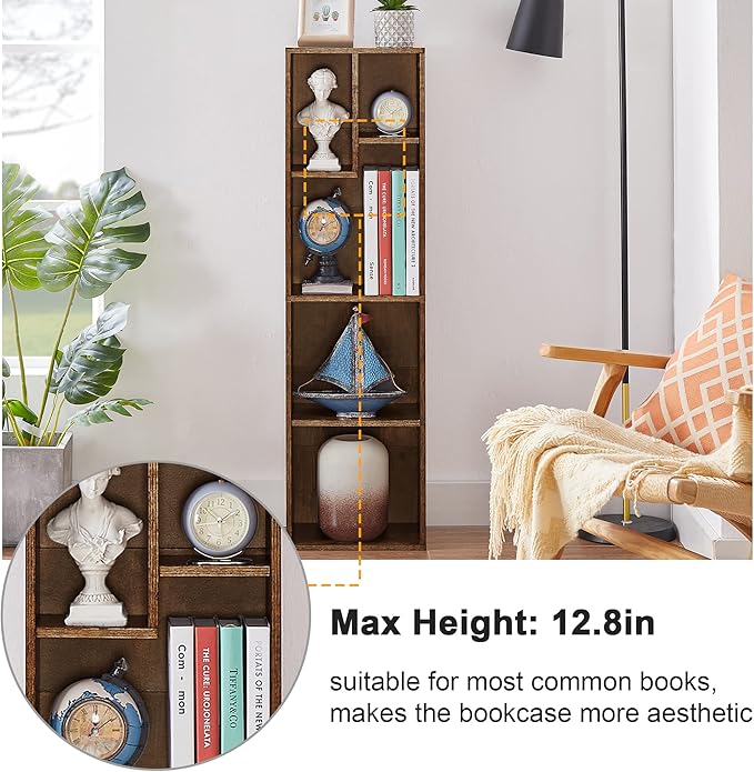 VECELO 4-Tier Bookcase, Modern Storage Cabinet with Height Difference Shelves for Standard Textbooks, 5 Cubes, Vertical or Horizontal, Easy Assembly, Rustic Brown