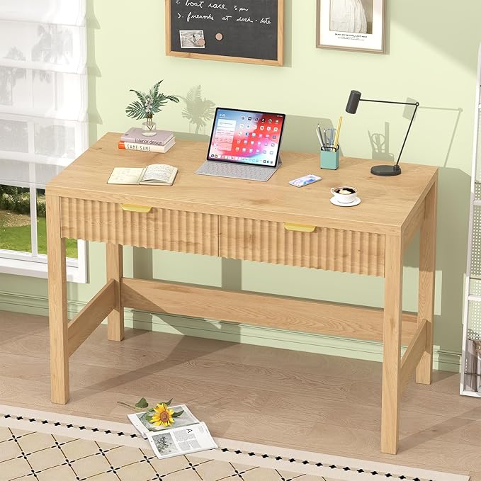 Fluted Computer Desk with 2 Drawers, 39 Inch Small Computer Desk with Storage, Compact Writing Study Desk for Small Spaces