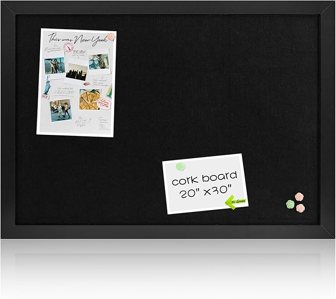 Board2by Black Cork Board Bulletin Board with Linen, Wood Framed 30" x 20" Corkboard, Office Board for Wall Decor, Wall Mounted Pin Board Picture Board with 20 Pushpins for School, Home & Office