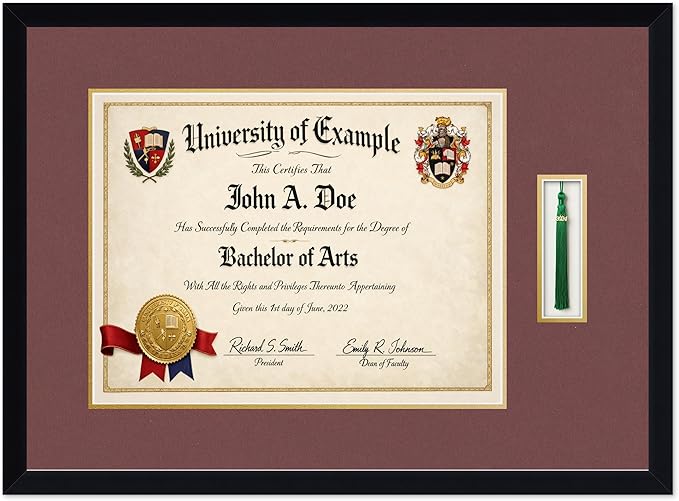 CountryArtHouse Diploma and Tassel Frame Fits 17 x 13 International Diploma with Tassel Hook Matte Black Genuine Hardwood Shadowbox with Dark Red Over Metallic Gold Double mat