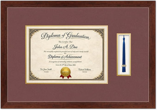 Diploma Frame with Tassel Holder Rustic Walnut Shadowbox Dark Red Over Gold Mat - Fits 11.69 x 8.27 Degree Made in the USA