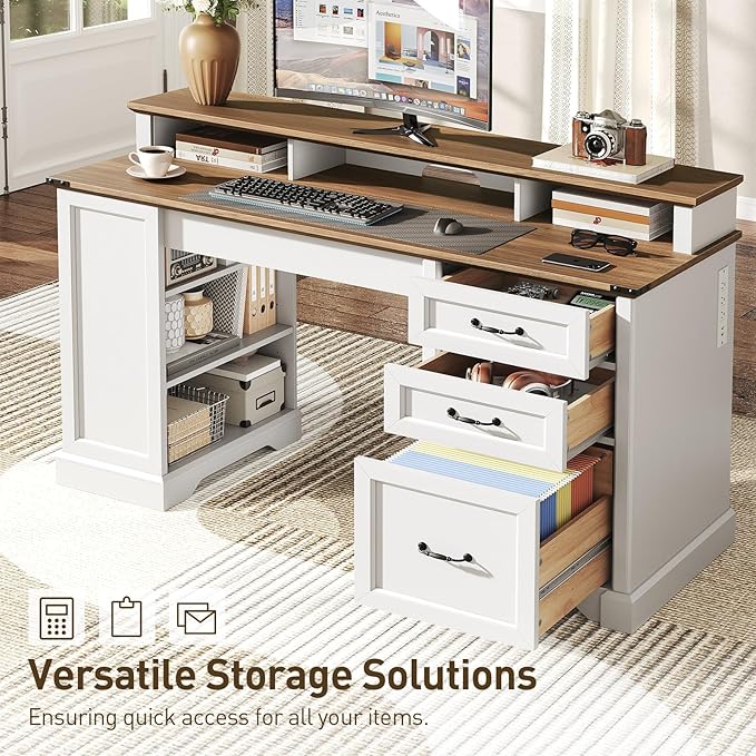 2 Pack 55'' Farmhouse Executive Desk with Drawers, Computer Desk with File Cabinet and Side Bookshelf, Writing Gaming Desk with Monitor Stand, White and Walnut