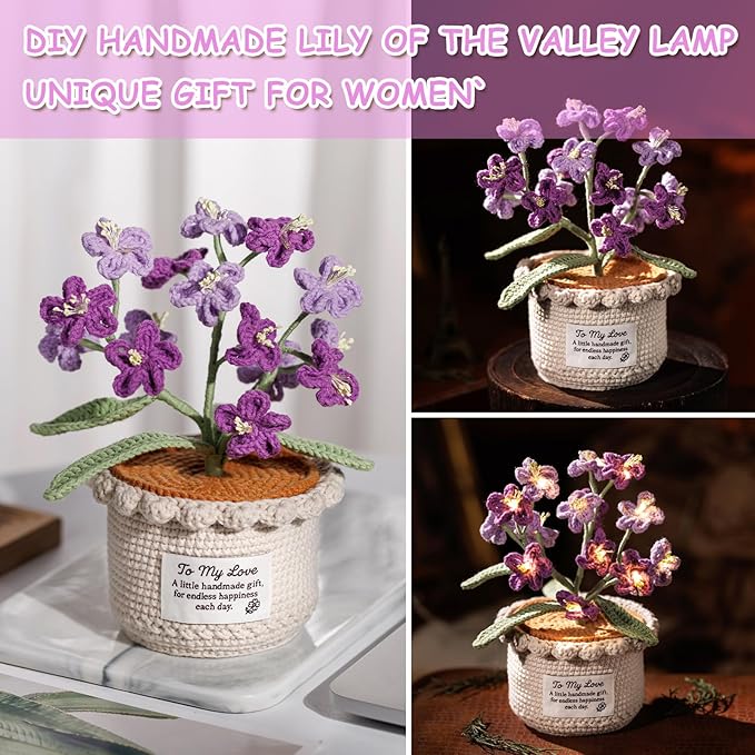 Forget Me Not Flower Lamp - Purple Crochet Artificial Flowers with Night Light, Cordless Table Lamp, Cozy Home Decor Crochet Gifts